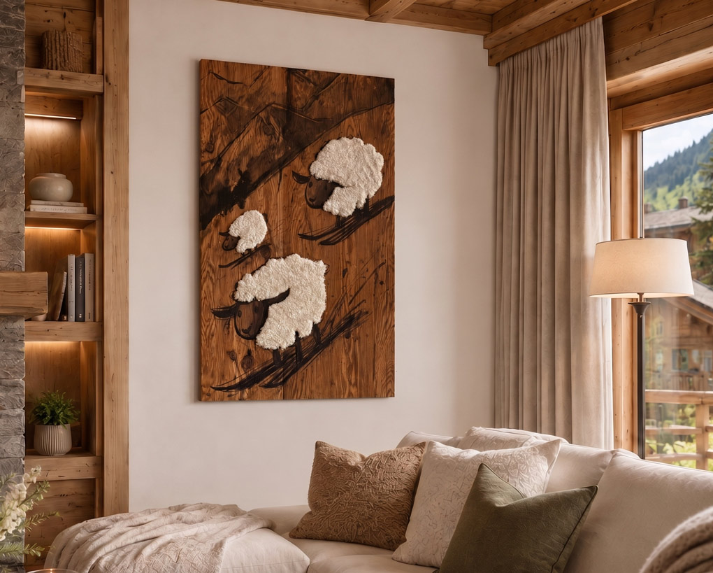 Kreatives Holzbild mit Schafen